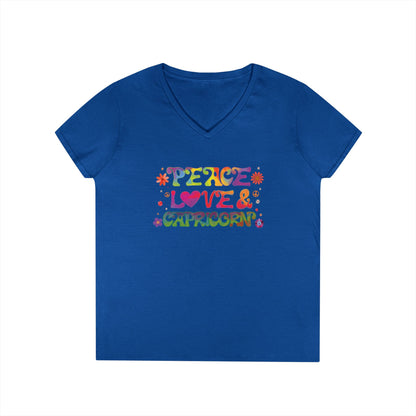 Peace Love Capricorn Women’s V-Neck Tee – Empowering Retro Zodiac Shirt