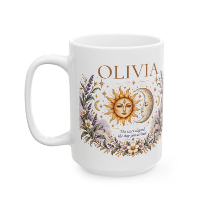 Personalized Zodiac Mug, Custom Name Coffee Mug, Boho Celestial Sun Moon Mug, Astrology Birthday Gift, Floral Boho Mug