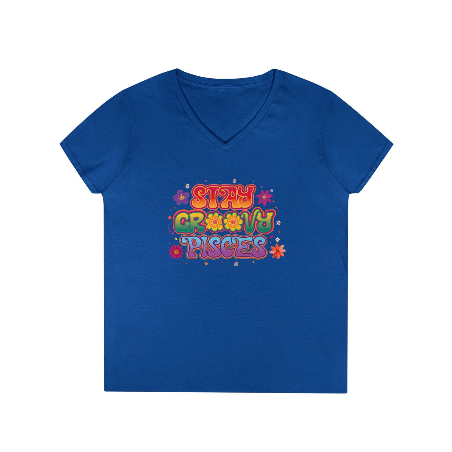 Stay Groovy Pisces Women’s V-Neck Tee – Empowering Retro Zodiac Shirt