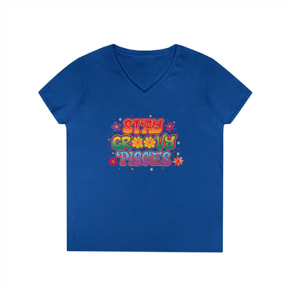 Stay Groovy Pisces Women’s V-Neck Tee – Empowering Retro Zodiac Shirt