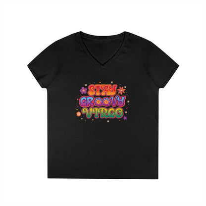 Stay Groovy Virgo Women’s V-Neck Tee – Empowering Retro Zodiac Shirt