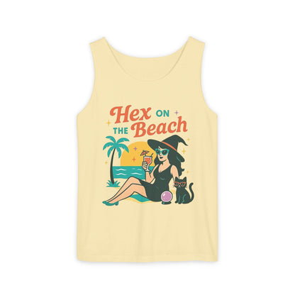 Hex on the Beach – Sunset Witch Tank with Cat & Cocktail (Unisex)
