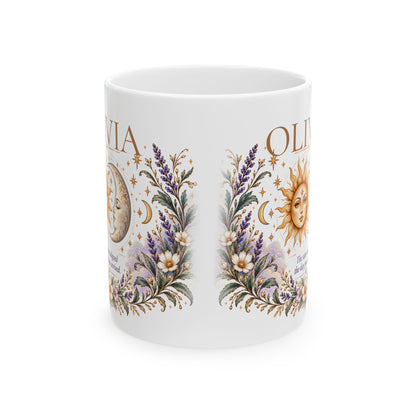 Personalized Zodiac Mug, Custom Name Coffee Mug, Boho Celestial Sun Moon Mug, Astrology Birthday Gift, Floral Boho Mug