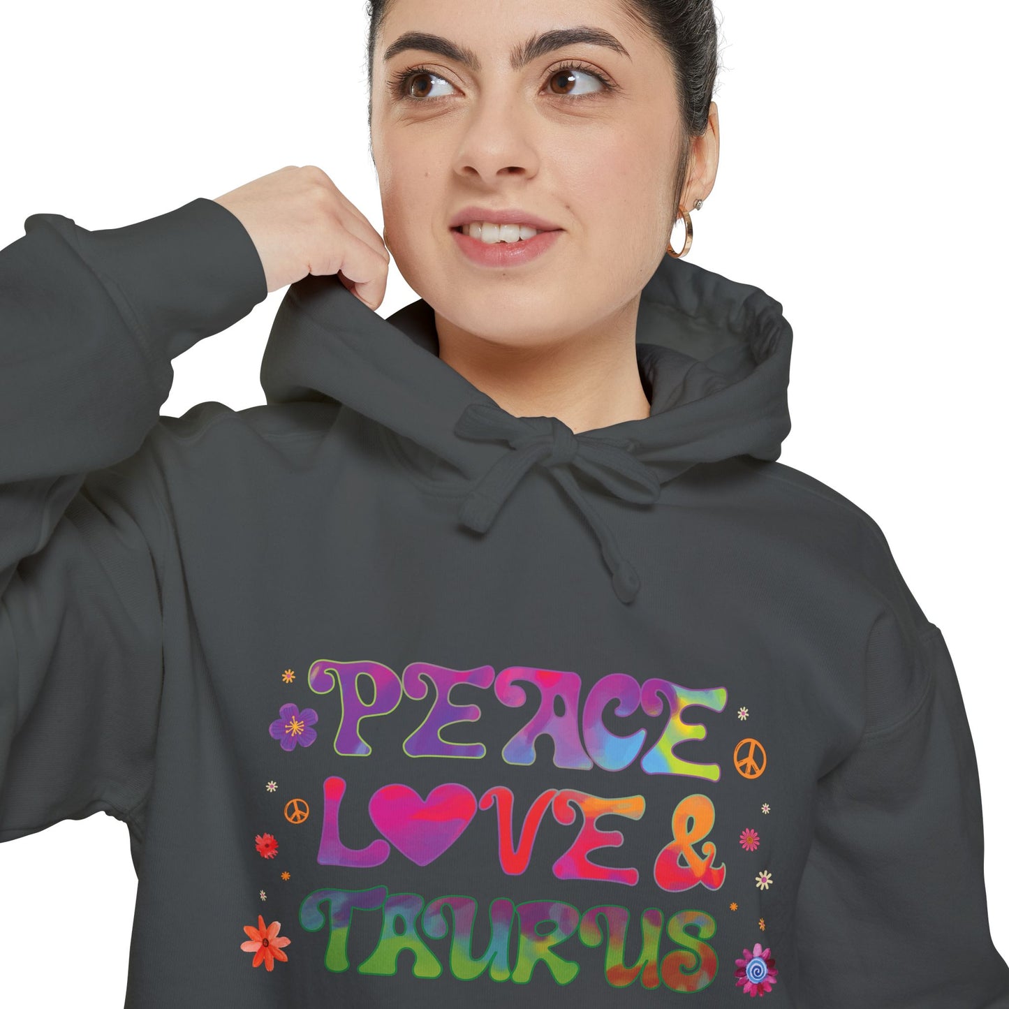 Peace Love & Taurus Unisex Hoodie – Groovy Retro Comfort Colors Midweight Hoodie