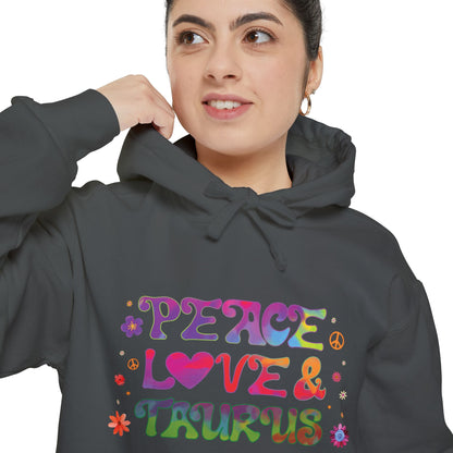 Peace Love & Taurus Unisex Hoodie – Groovy Retro Comfort Colors Midweight Hoodie