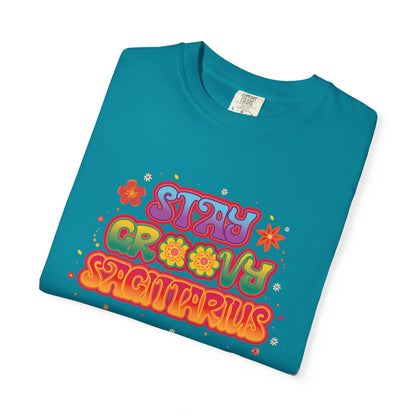Stay Groovy Sagittarius – Retro Zodiac Flower Power Tee