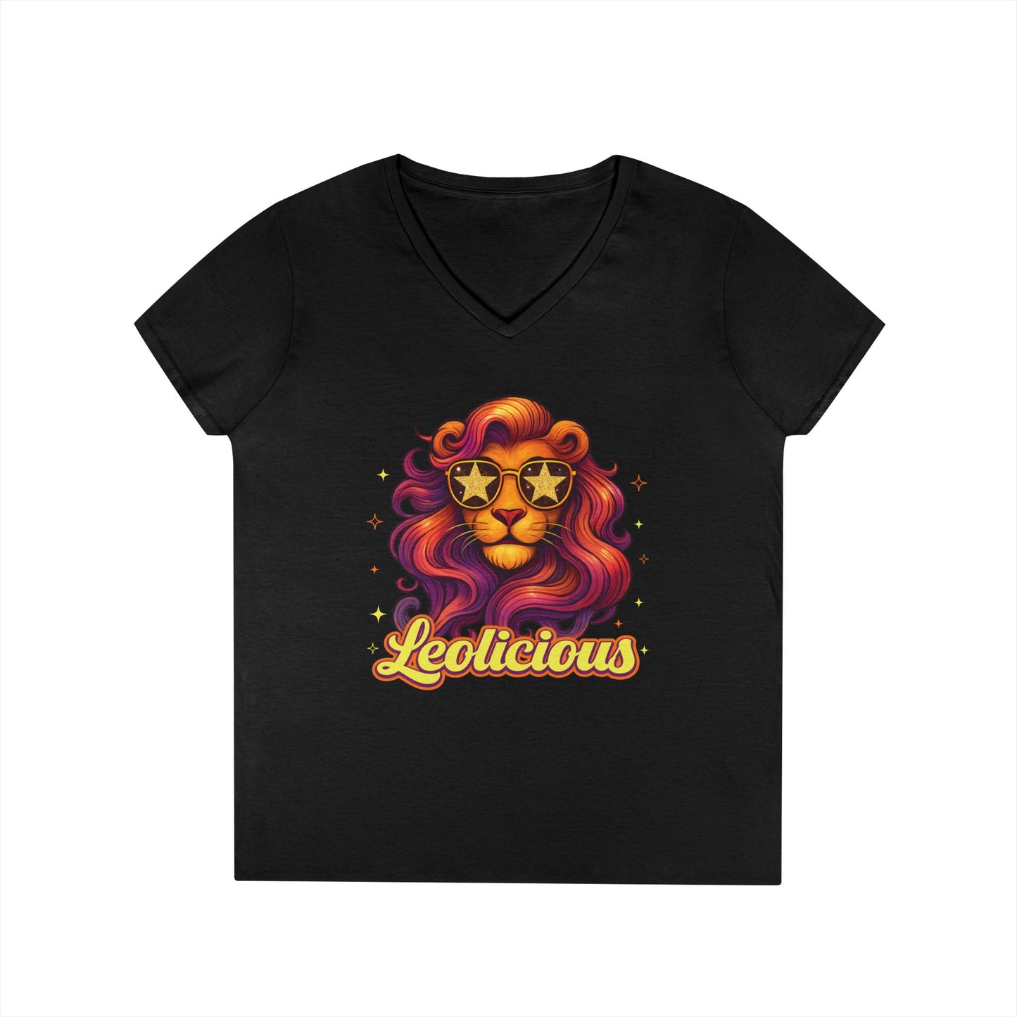 Leolicious Women’s V-Neck Tee – Empowering Retro Lion Zodiac Shirt