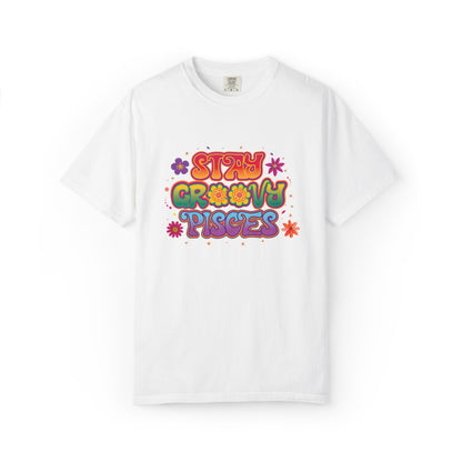 Stay Groovy Pisces - Retro Flower Power Zodiac Tee