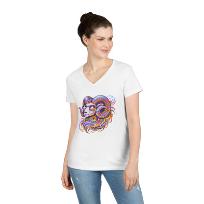 Psychedelic Ram Women’s V-Neck Tee – Empowering Aries Zodiac Shirt
