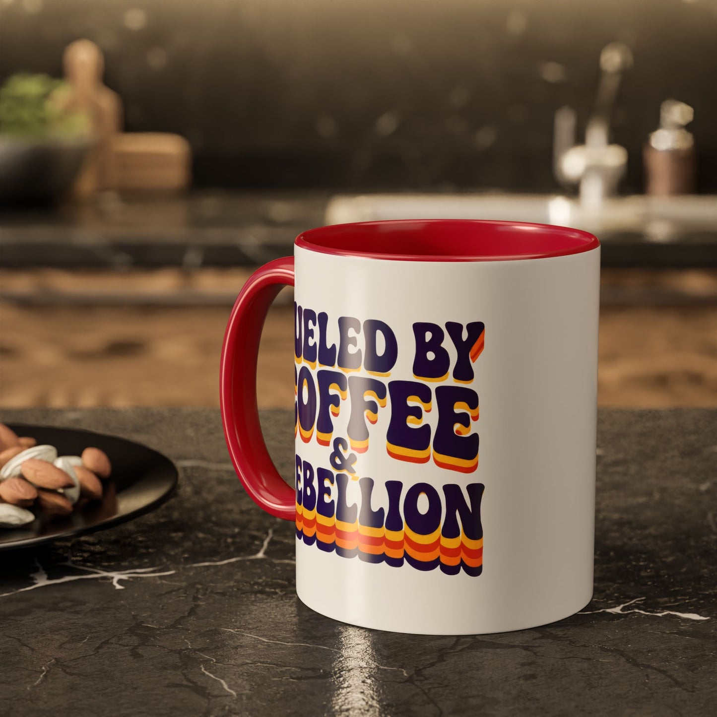 Fueled by Coffee & Rebellion – Funny Retro Mug (Color Accent, 11oz & 15oz)
