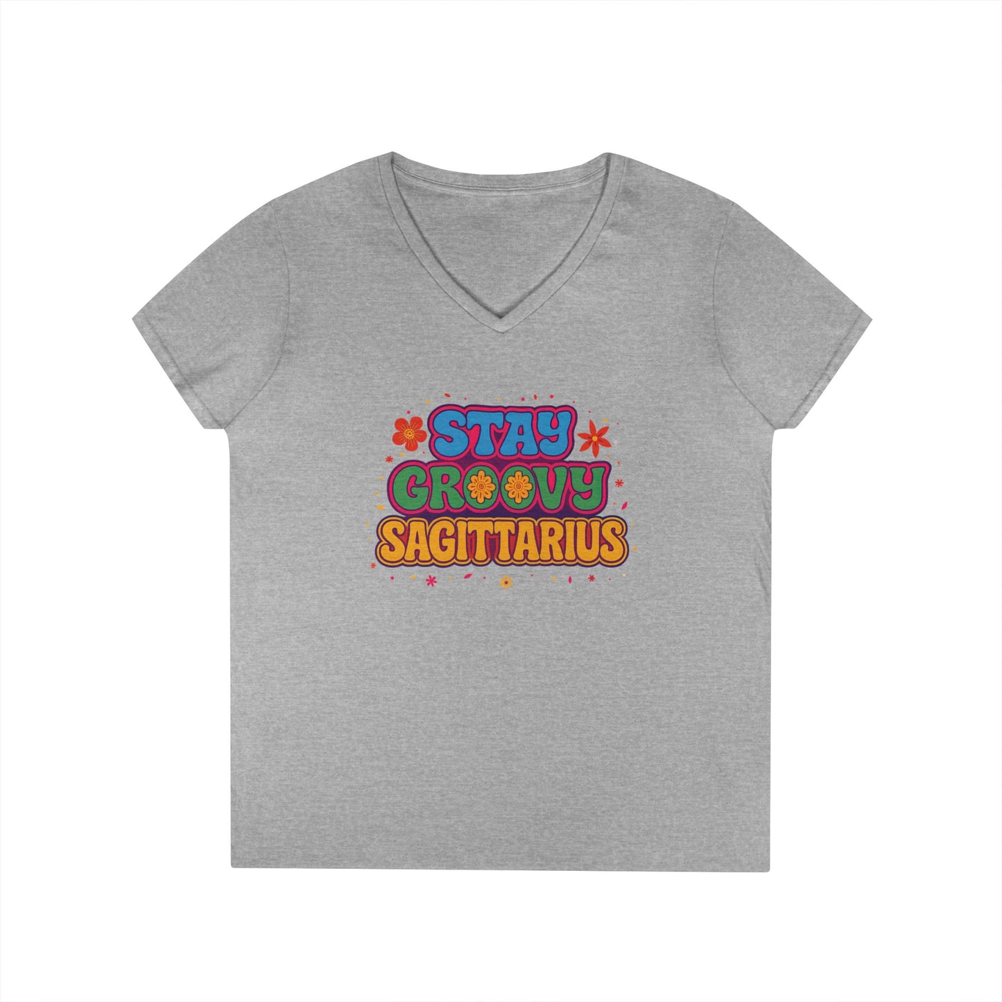 Stay Groovy Sagittarius Women’s V-Neck Tee – Empowering Retro Zodiac Shirt