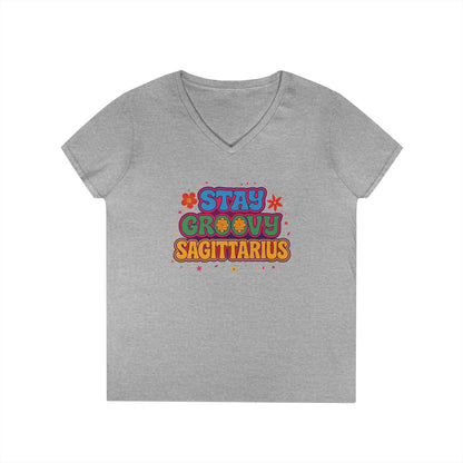 Stay Groovy Sagittarius Women’s V-Neck Tee – Empowering Retro Zodiac Shirt