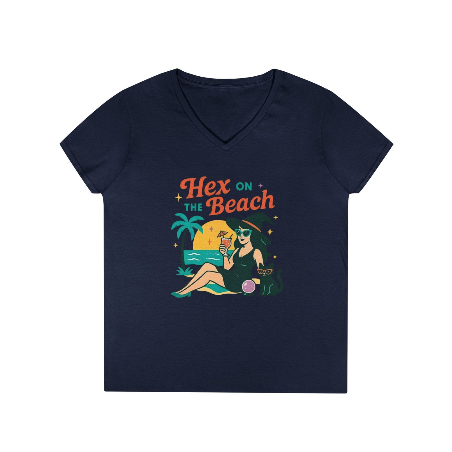 Hex on the Beach Women’s V-Neck Tee – Funny Magical Tropical Witch Shirt