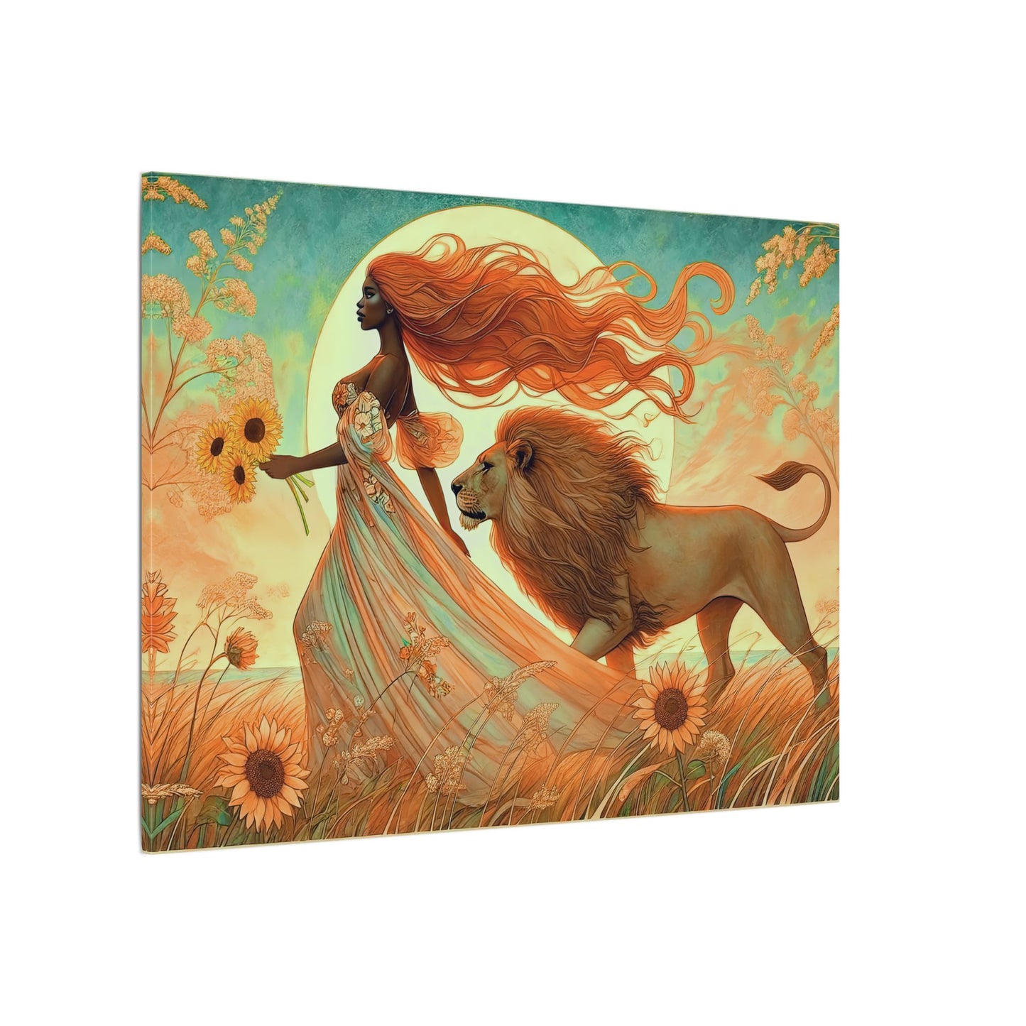 Leo Zodiac Wall Art, Lion Goddess Canvas Print, Astrology Home Decor, Leo Gift for Her, Sunflower Leo Painting, Star Sign Wall Decor