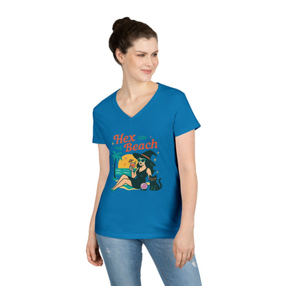 Hex on the Beach Women’s V-Neck Tee – Funny Magical Tropical Witch Shirt