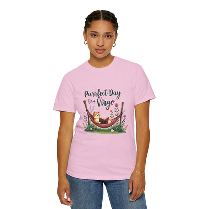Purrfect Day for a Virgo – Cozy Cat & Hammock Zodiac Tee