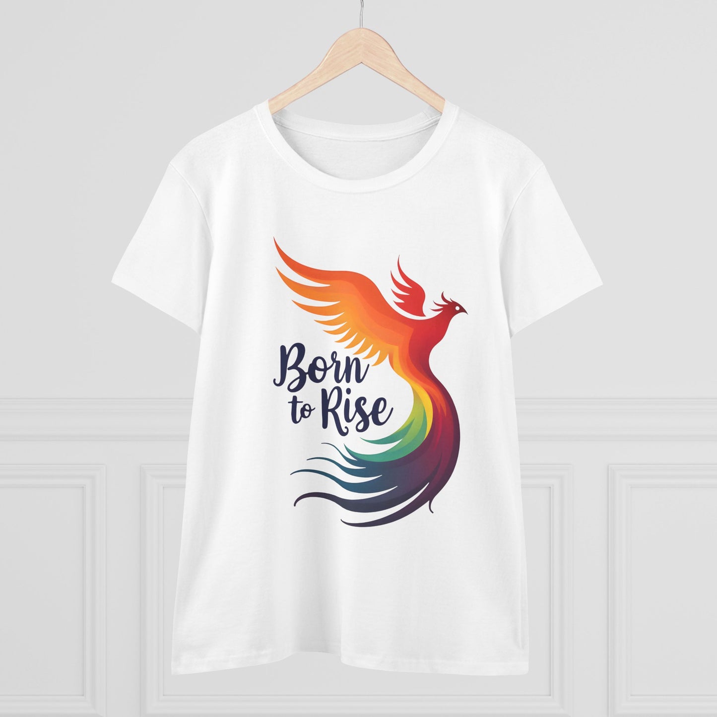 Born to Rise Women’s Crewneck Tee – Empowering Phoenix Colorful Shirt