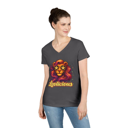 Leolicious Women’s V-Neck Tee – Empowering Retro Lion Zodiac Shirt