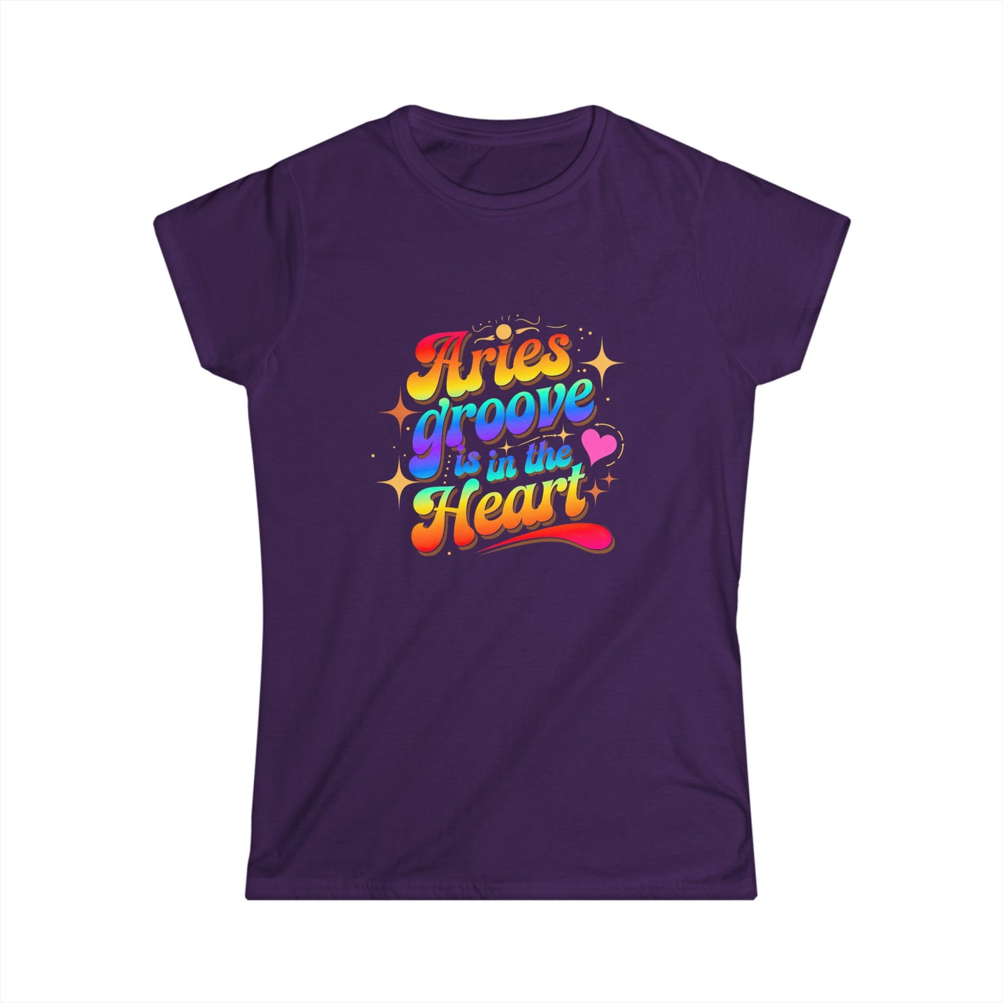 Aries Groove Is in the Heart T-Shirt | Rainbow Aries Vibes Tee | Zodiac Astrology Shirt for Her | Cosmic Birthday Gift | Women's Softstyle Star Sign Tee