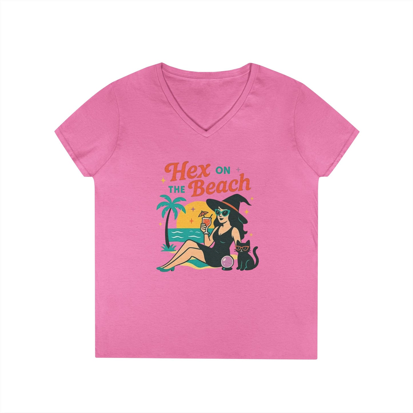 Hex on the Beach Women’s V-Neck Tee – Funny Magical Tropical Witch Shirt