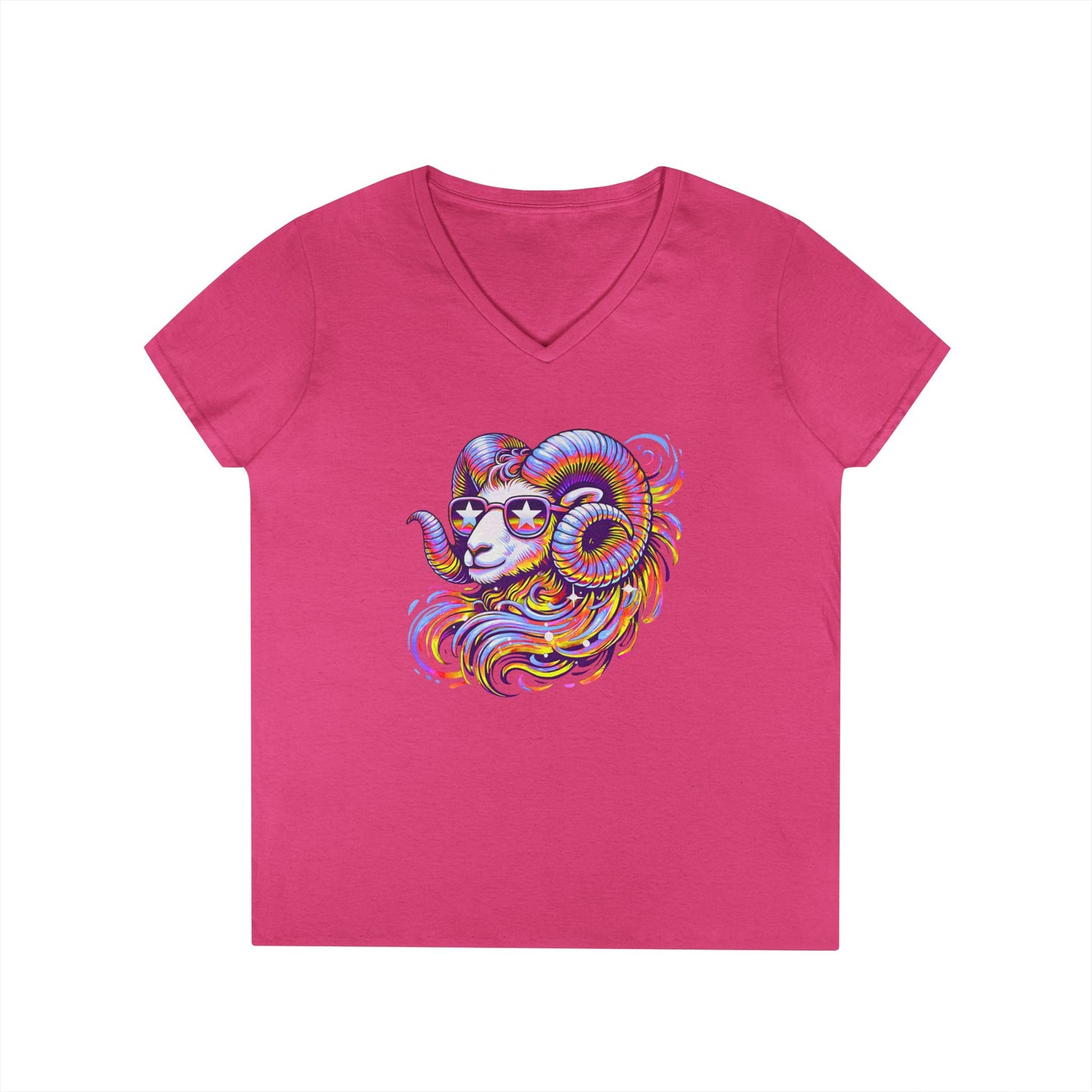 Psychedelic Ram Women’s V-Neck Tee – Empowering Aries Zodiac Shirt
