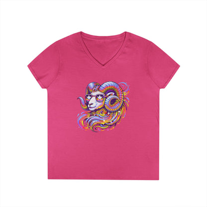 Psychedelic Ram Women’s V-Neck Tee – Empowering Aries Zodiac Shirt