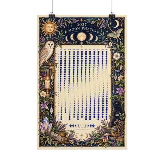 Midnight Moon Magic – 2027 Witchy Owl and Crystals Moon Phase Calendar Poster