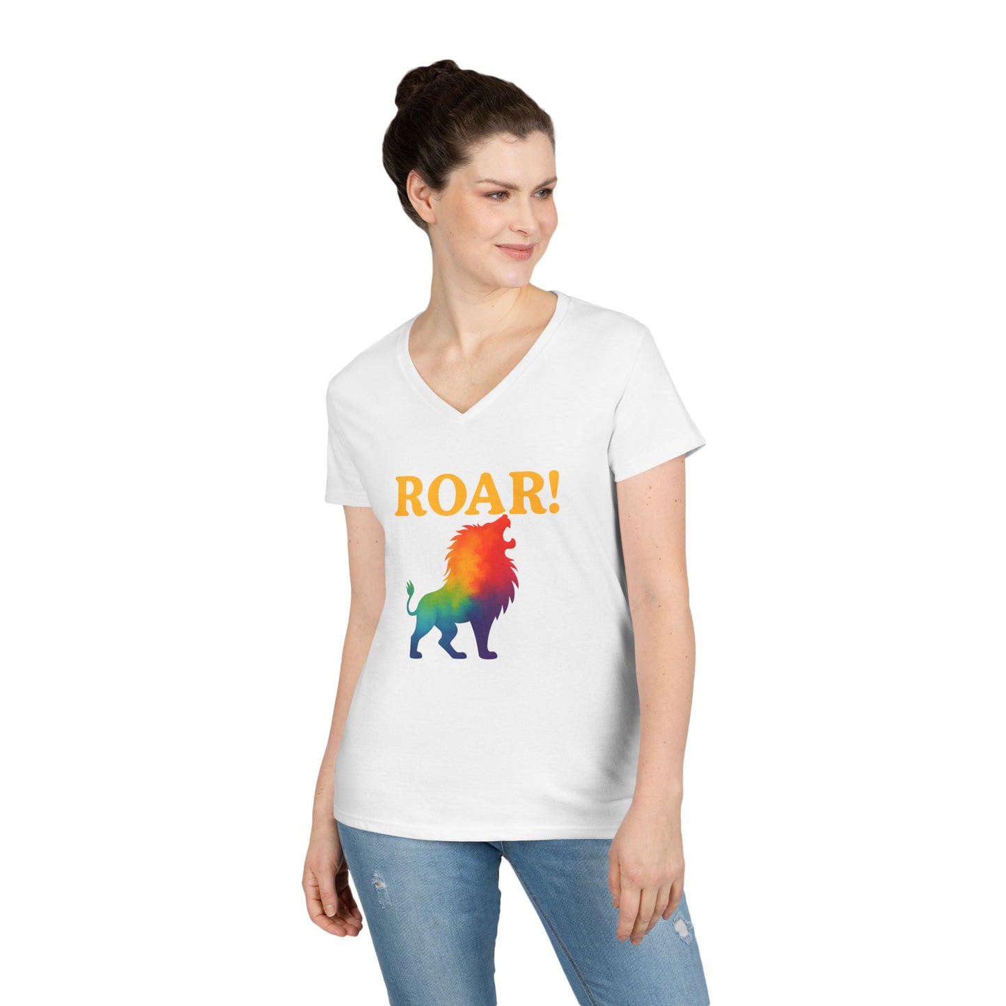 Roar Lion Women’s V-Neck Tee – Empowering Rainbow Zodiac Leo Shirt