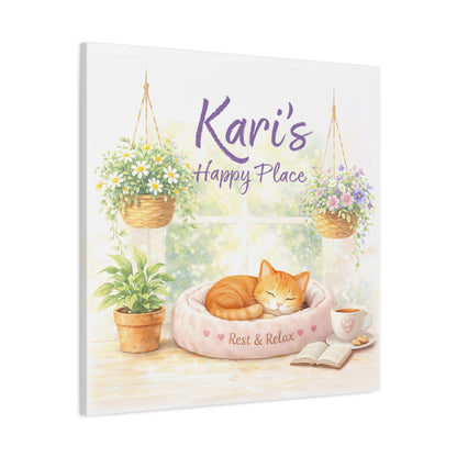 Personalized Cat Canvas Print - "Kari's Happy Place" Cozy Pet Wall Art