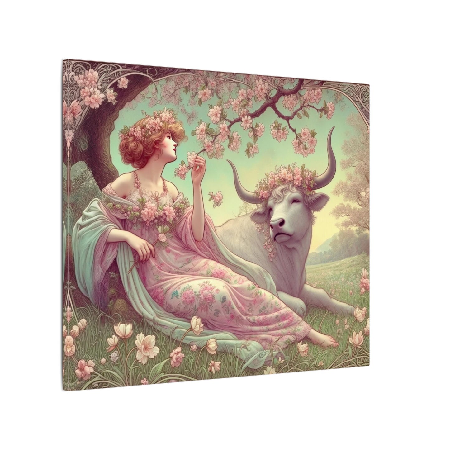 Secret Meadow: Bull and Bloom | Taurus Goddess Art Nouveau Zodiac Wall Art
