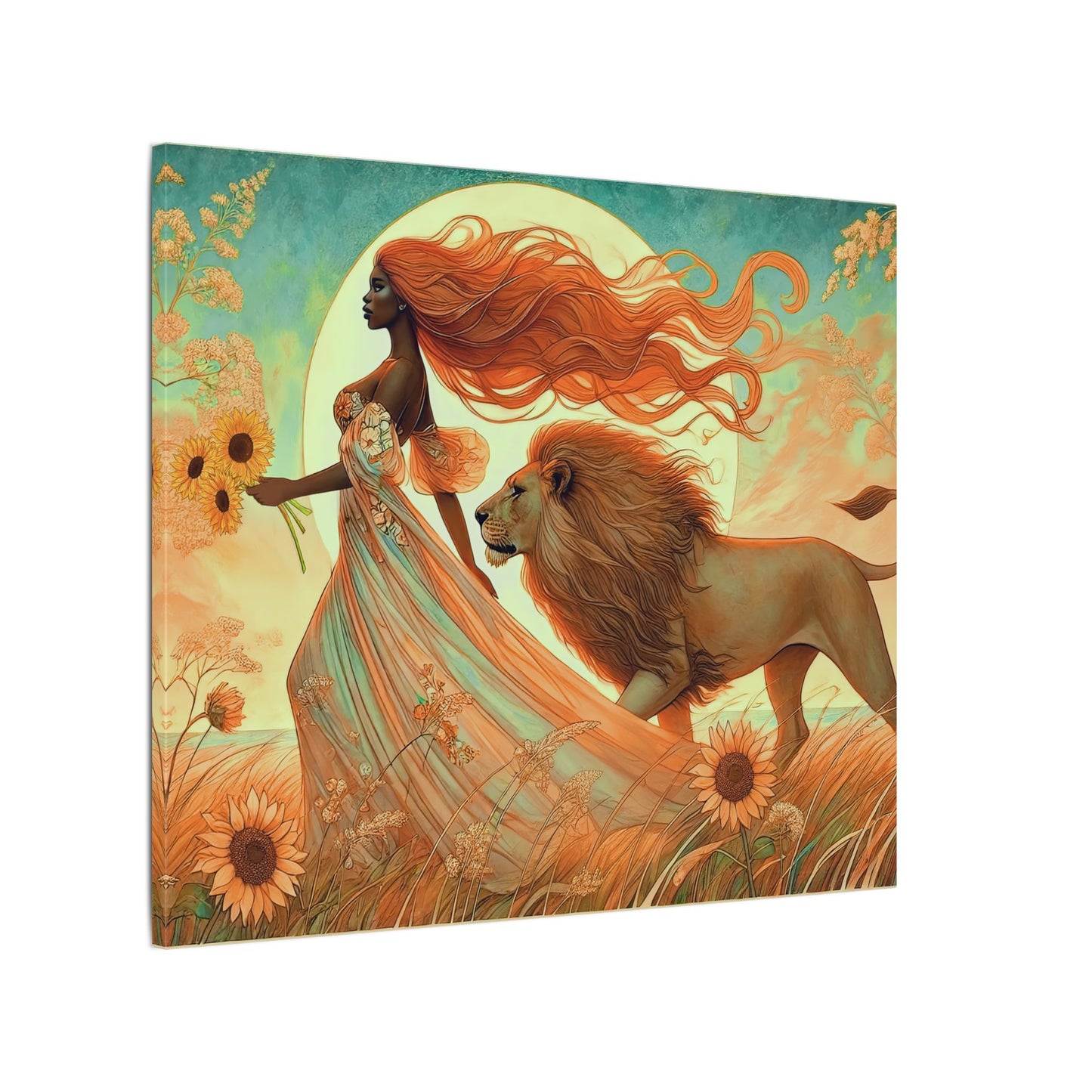 Leo Zodiac Wall Art, Lion Goddess Canvas Print, Astrology Home Decor, Leo Gift for Her, Sunflower Leo Painting, Star Sign Wall Decor