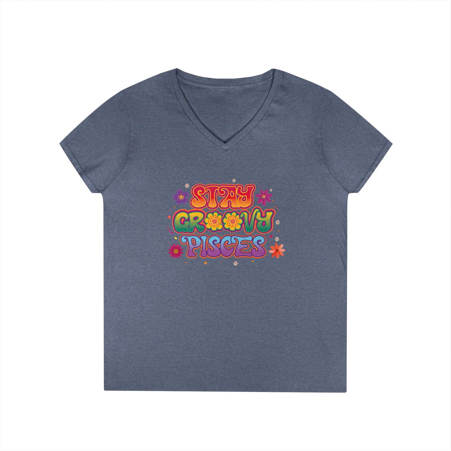 Stay Groovy Pisces Women’s V-Neck Tee – Empowering Retro Zodiac Shirt