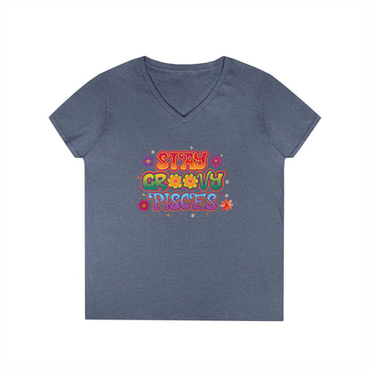 Stay Groovy Pisces Women’s V-Neck Tee – Empowering Retro Zodiac Shirt