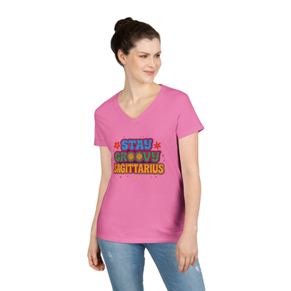 Stay Groovy Sagittarius Women’s V-Neck Tee – Empowering Retro Zodiac Shirt