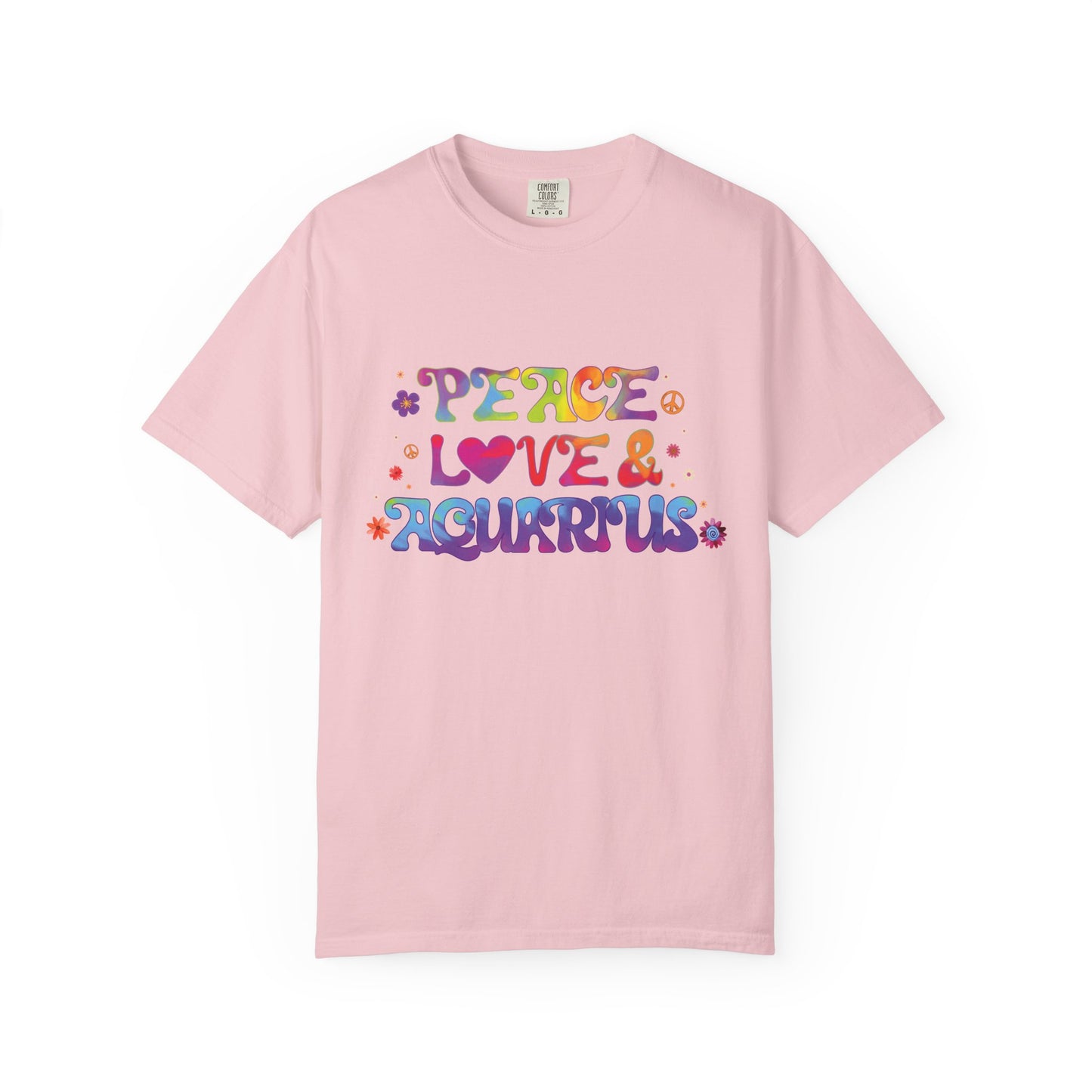 Peace Love & Aquarius Tee – Groovy Multicolor Zodiac Shirt
