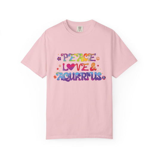Peace Love & Aquarius Tee – Groovy Multicolor Zodiac Shirt