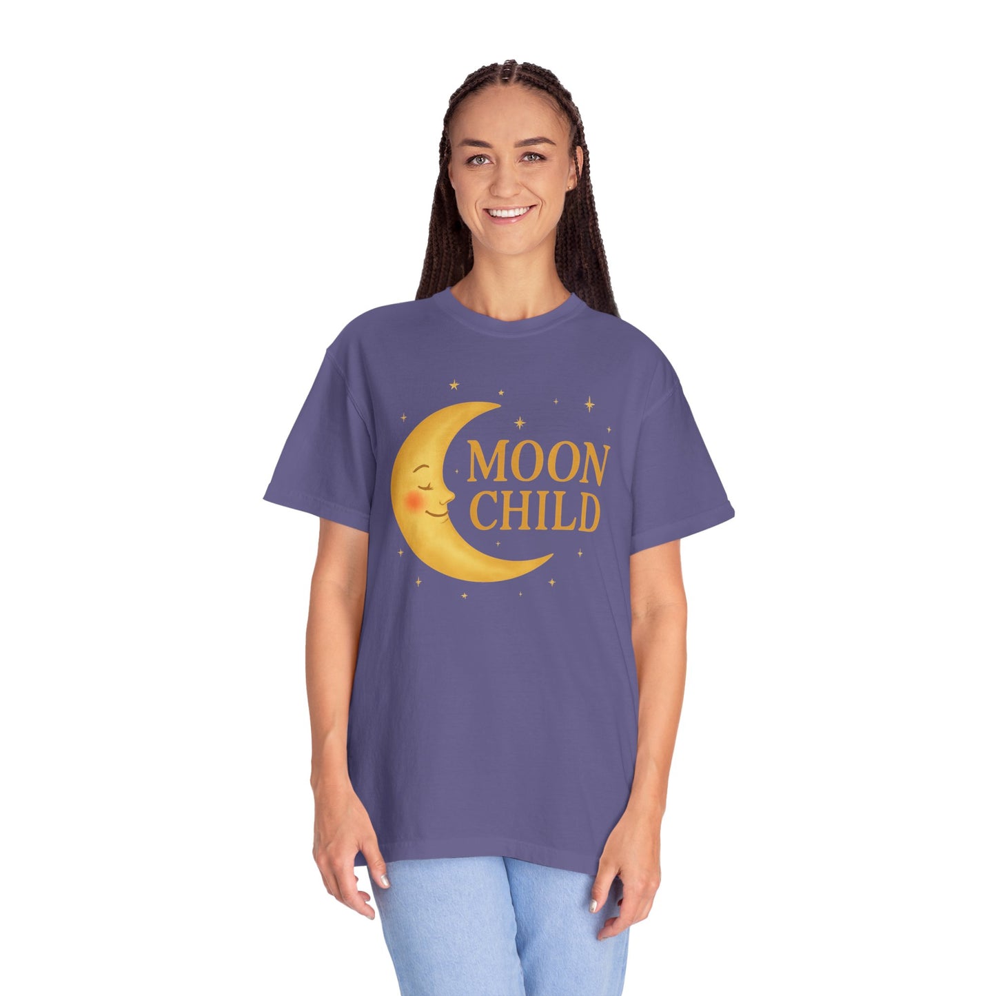 Moon Child Crescent Tee – Vibrant Golden Celestial Comfort Colors 1717 Shirt