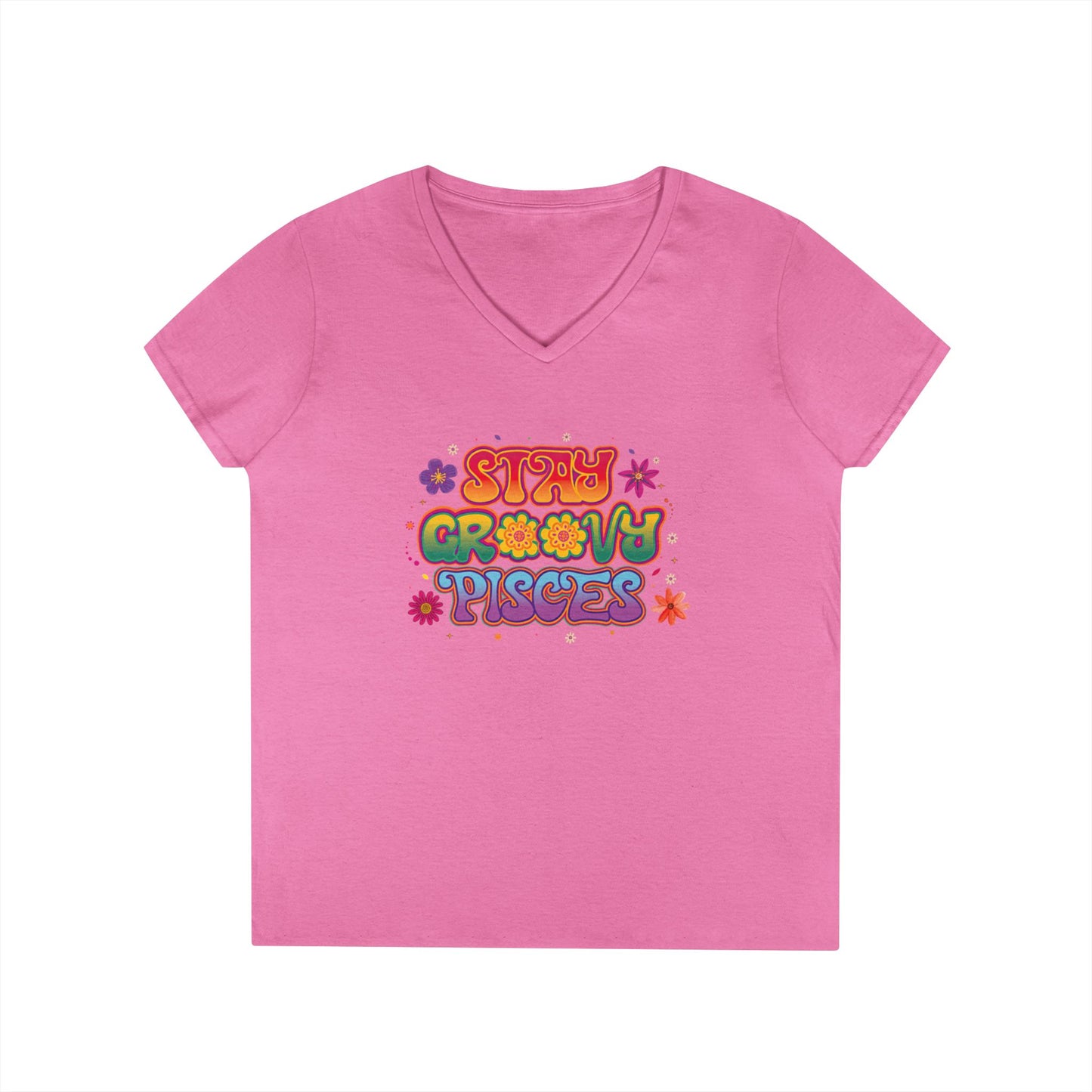 Stay Groovy Pisces Women’s V-Neck Tee – Empowering Retro Zodiac Shirt