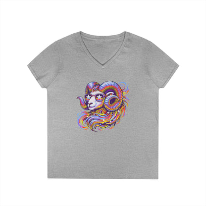 Psychedelic Ram Women’s V-Neck Tee – Empowering Aries Zodiac Shirt