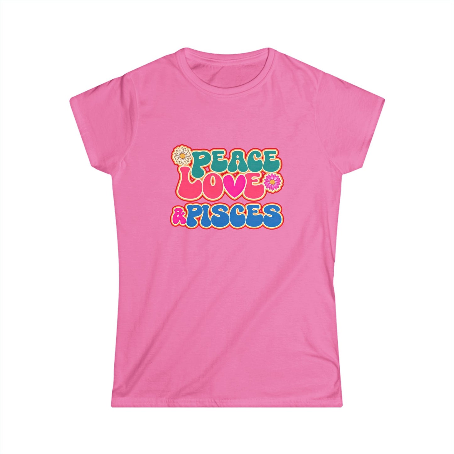 Peace Love & Pisces Softstyle Tee for Women | Boho Zodiac Graphic Shirt | Astrology Apparel for Pisces | Relaxed Star Sign Tee | Everyday Gift for Water Sign Lovers