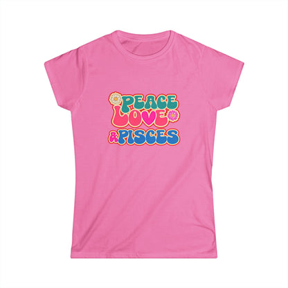 Peace Love & Pisces Softstyle Tee for Women | Boho Zodiac Graphic Shirt | Astrology Apparel for Pisces | Relaxed Star Sign Tee | Everyday Gift for Water Sign Lovers