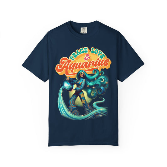 Peace Love & Aquarius – Retro Zodiac Water Bearer Tee