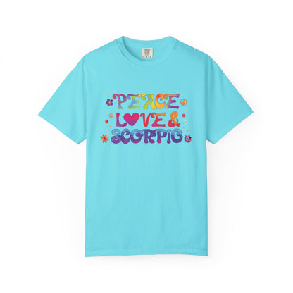 Peace Love & Scorpio Tee – Colorful Retro Zodiac Shirt