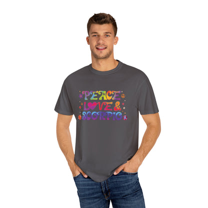 Peace Love & Scorpio Tee – Colorful Retro Zodiac Shirt