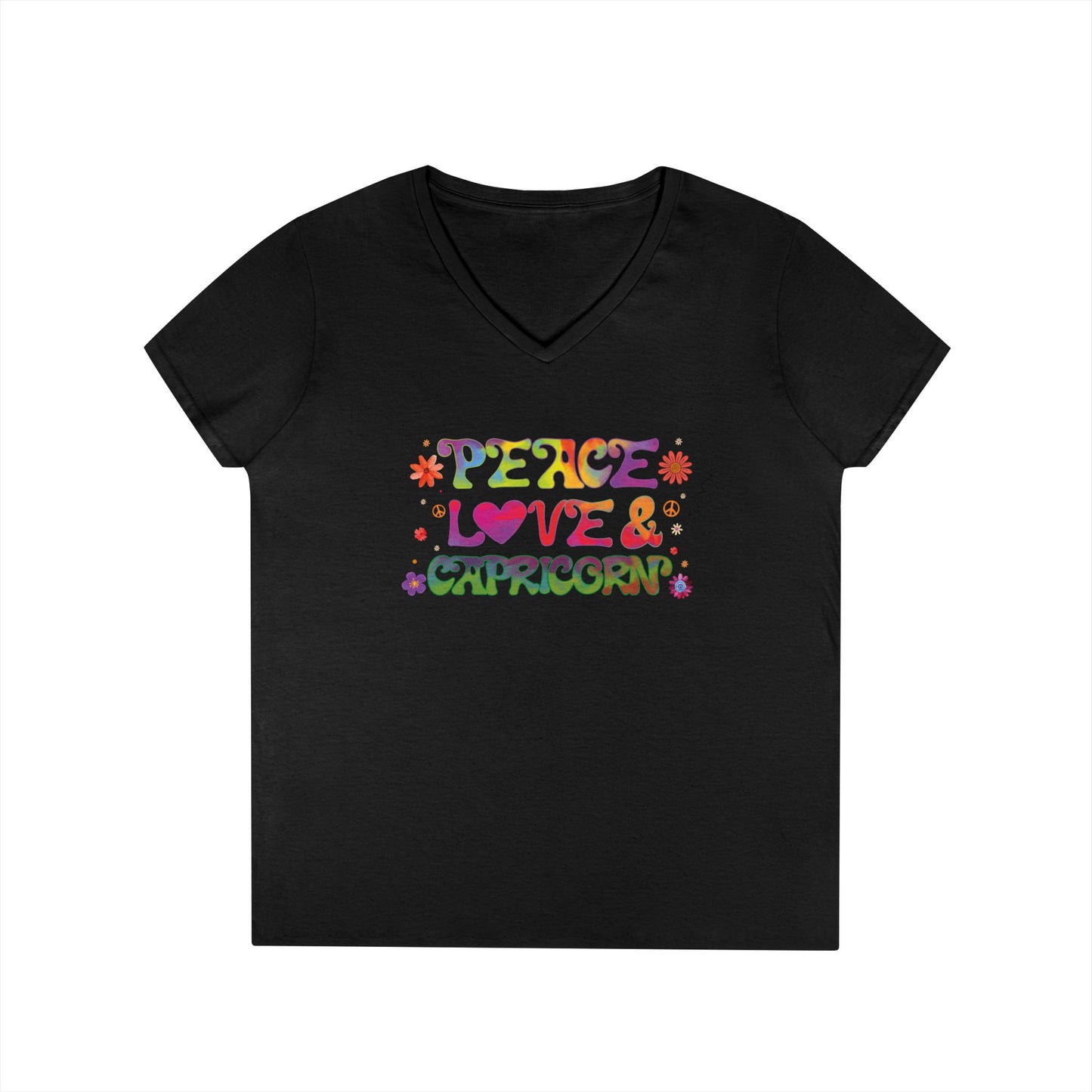 Peace Love Capricorn Women’s V-Neck Tee – Empowering Retro Zodiac Shirt