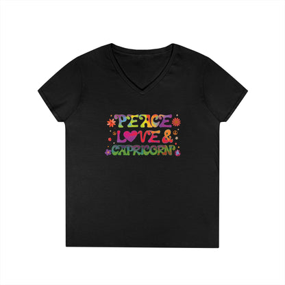 Peace Love Capricorn Women’s V-Neck Tee – Empowering Retro Zodiac Shirt
