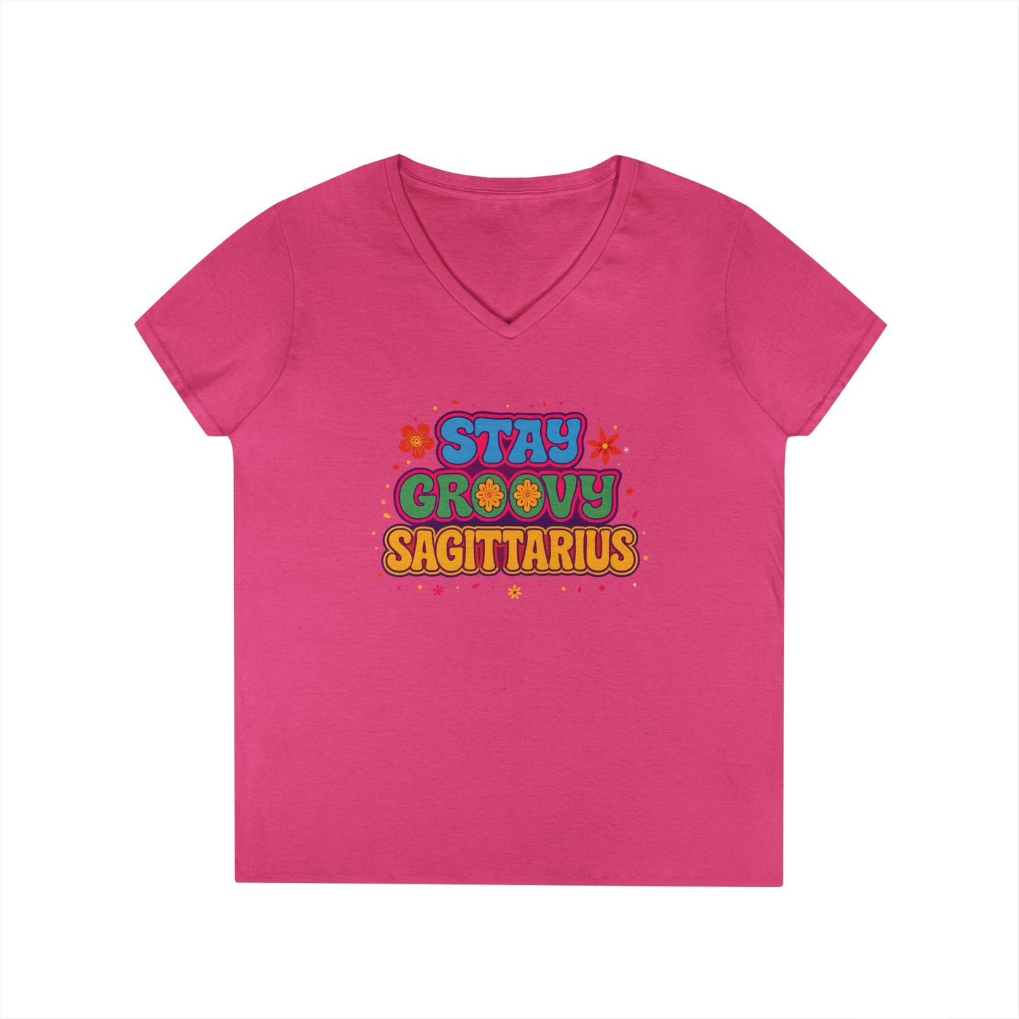 Stay Groovy Sagittarius Women’s V-Neck Tee – Empowering Retro Zodiac Shirt
