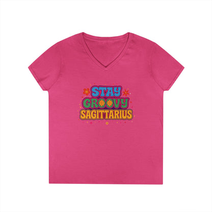 Stay Groovy Sagittarius Women’s V-Neck Tee – Empowering Retro Zodiac Shirt