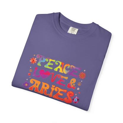 Peace Love & Aries – Colorful Retro Zodiac Tee