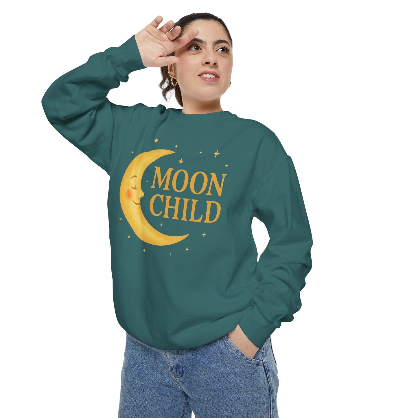 Moon Child Unisex Crewneck – Vibrant Celestial Comfort Colors Midweight Sweatshirt